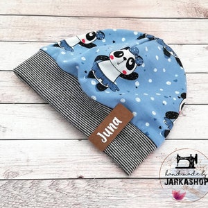 Leichte Baby/Kinder Beanie, Mütze aus Baumwolljersey &quot;Panda Bär hellblau&quot; nach Wünsch mit Namen, Mütze mit Bündchen, Personalisierung