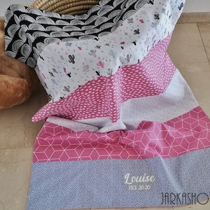 Baby blanket with the name &quot;Cactus Grey-White-Altrosa&quot;, crawling blanket, cuddly blanket, stroller blanket, changing pad for on-the-go, waffle lpique