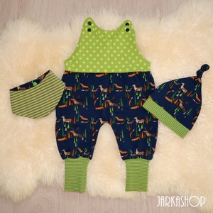 Size 56 Baby set Forest animals, romper, baby hat, baby turner - scarf, blue-green
