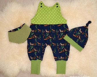 Size 56 Baby set Forest animals, romper, baby hat, baby turner - scarf, blue-green