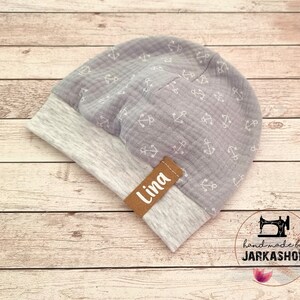 Light beanie short/long/extra long,&quot;Muslin anchor&quot; hat with name, personalization, baby hat, hat, baby, child, baby hat, children&#39;s hat