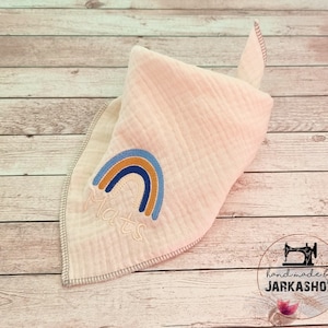 Muslin triangular scarf &quot;rainbow vanilla&quot; embroidered with name, personalized, scarf, baby scarf, muslin cloth, child, baby