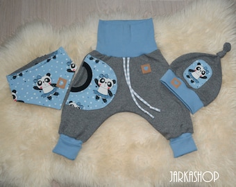 Gr. 44 - 122; 3 tlg. Babyset "Panda hellblau-grau" Pandabär, Hose, Pumphose, Sweathose, Mitwachshose, Baggy Pants, Jung, Kleidung, Sweat