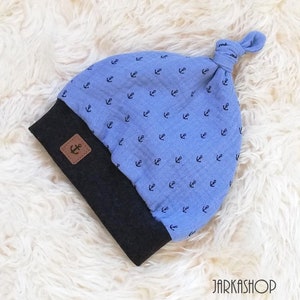 Size 41-43 KU knotted hat muslin with cuffs,&quot;Mini anchor-blue-grey&quot;, maritime, hat, baby hat, children&#39;s hat, muslin hat, summer hat