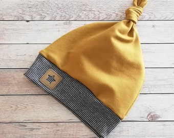 Knotted hat with cuffs, hat with name, mustard blue, hat, baby hat, children's hat, hat made of cotton jersey or sweat fabric