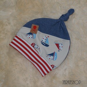 Size 41-43 KU knotted hat &quot;Maritim sailing ship jeans blue-red&quot; with cuffs, baby hat, children&#39;s hat, hat for baby, hat for children