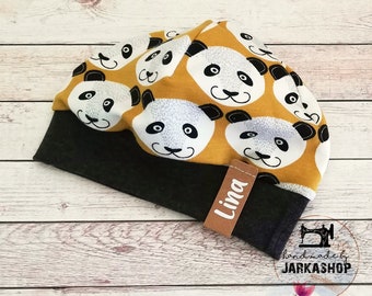 Size 44-46 Baby/Child Beanie as desired with name, sweat cap, cap with cuffs, winter cap"Panda bear"Mustard yellow/black/white Personalized