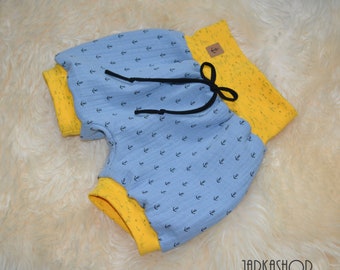 taille 56 - 116 Short "mini ancre bleu clair/jaune", pantalon été, pantacourt, pantalon mousseline, bloomer, pantalon bébé, pantalon enfant