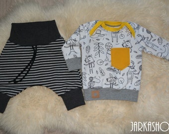 Gr. 56; 2 tlg. Babyset  "Tierchen" schwarz/weis/gelb, Pumphose, Babyhose, Kinderhose, Shirt, Langarmshirt,