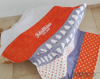 Baby blanket with the name "Penguins Grey-White-Orange", crab blanket, cuddly blanket, stroller blanket, changing pad for on-the-go, waffle lpique