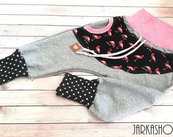 Size 44 - 122 Sweat-Baggy-Pants "Flamingo"pink-gray-black, baby pants, children's trousers, sweat pants, pants with bag, mitwachshose, pump pants, Haremhosee