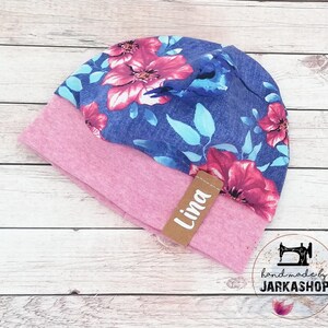 Light baby/children beanie, cotton jersey cap &quot;Ibiskus blue-pink&quot; as desired with name, cap with cuffs, personalization