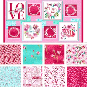 CARTAS DE AMOR colección de telas paquete de cuartos gordos de amor rosa, rojo, blanco y aguamarina. Barb Tourtillotte para Henry Glass
