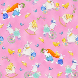 May include: A pink background with a repeating pattern of bunnies, chicks, and carrots. The bunnies are riding in various vehicles, including a rocking horse, a wagon, and a bicycle. The chicks are riding in a wagon and a rocking horse. The carrots are being carried by the bunnies.