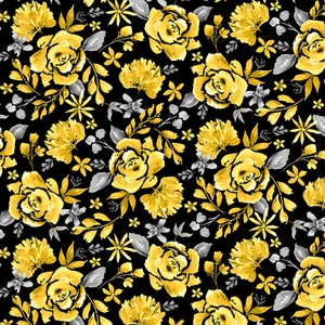 NEW! Misty Morning yellow roses on black by Barb Tourtillotte for Henry Glass Fabrics. 9963-94