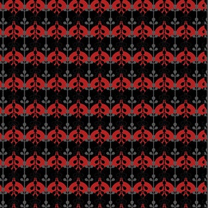 May include: A repeating pattern of red and gray stylized floral shapes on a black background.