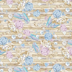 May include: A seamless pattern featuring watercolor illustrations of seashells, starfish, hydrangeas, and flip-flops on a light brown wood background.