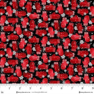 May include: A fabric pattern featuring red mittens with white striped cuffs and snowflakes on a black background. The mittens are scattered across the fabric, creating a festive winter design. The image includes a ruler with inch measurements.