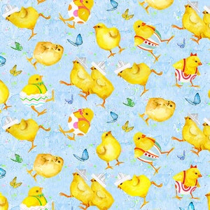 May include: A blue background with a repeating pattern of yellow chicks wearing hats and holding eggs. The chicks are in various poses, some are standing, some are sitting, and some are walking. There are also small white butterflies scattered throughout the pattern.