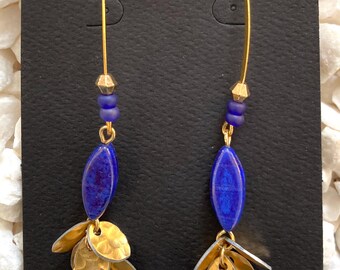 Royal Blue Picasso Bead Earrings: Gold Mermaid Scale Dangle