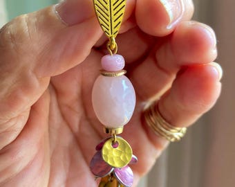 Rose Quartz Dangle Earrings: Hammered Gold & Fuchsia Disks, Handmade