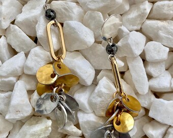 Hammered Gold & Silver Mermaid Scale Earrings: Hematite Bead, Handmade