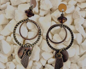 Mixed Metal Hoop Earrings: Picasso Bead, Czech Glass, Copper Leaves