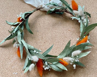 Burnt Orange/ Eucalyptus Wreath for Bride /Bridesmaids/ Flower Girls / Rustic Wedding Flower/ Babys  Breath Hair Crown / Floral Head Pieces