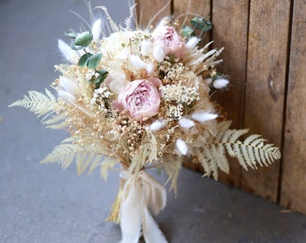 Preserved Pink Peony and Eucalyptus Bridal Bouquet/  White Ferns / Dried flowers/ Wedding flowers / Bridesmaids gift / Babies Breath
