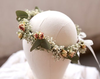 Dried Rose and Eucalyptus Wreath for Bride /Bridesmaids/ Flower Girls / Rustic Wedding Flower/ Babys  Breath Hair Crown / Floral Head Pieces