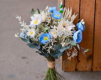 Bouquet de fleurs bleues/bouquet de mariée des prairies/bouquet de mariage bohème blanc beige ivoire/fleurs de mariage séchées, fleurs artificielles