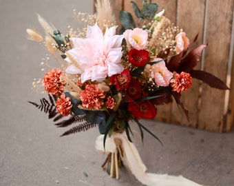 Bouquet de mariée bordeaux, bouquet de fleurs sauvages, bouquet de saumon pêche, arrangement de fleurs séchées, bouquet de mariée Boho, fleurs artificielles