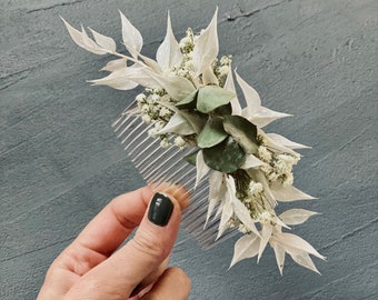 Dried Eucalyptus Comb for Bride /White Ruscus Bridesmaids Clips / Barrette Flower Girls / Rustic Wedding Flower/ Baby’s  Breath Hair Crown