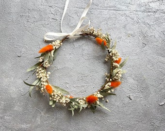 Burnt Orange Wreath for Bride /Bridesmaids/ Flower Girls / Rustic Wedding Flower/ Babys  Breath Hair Crown / Floral Head Pieces