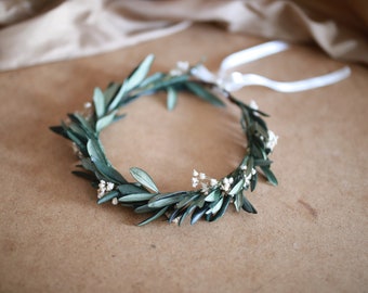 Olive Branch/ Olive Leaf / Hair Crown / Gypsophila Floral Halo / Flower Wreath / Toddler Headband / Baptism Gift Girl / Olive Boho Wedding