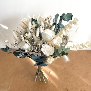 White Preserved Rose Bridal Bouquet / Bridesmaid Ivory& Green Bouquet ...