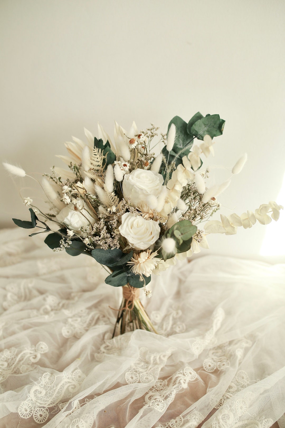 White Preserved Rose Bridal Bouquet / Bridesmaid Ivory& Green Bouquet ...