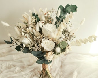 Bouquet de mariée rose blanc préservé / bouquet de demoiselle d'honneur ivoire et vert / fleurs de mariage bohème / fleurs séchées / fleur de mariage rustique