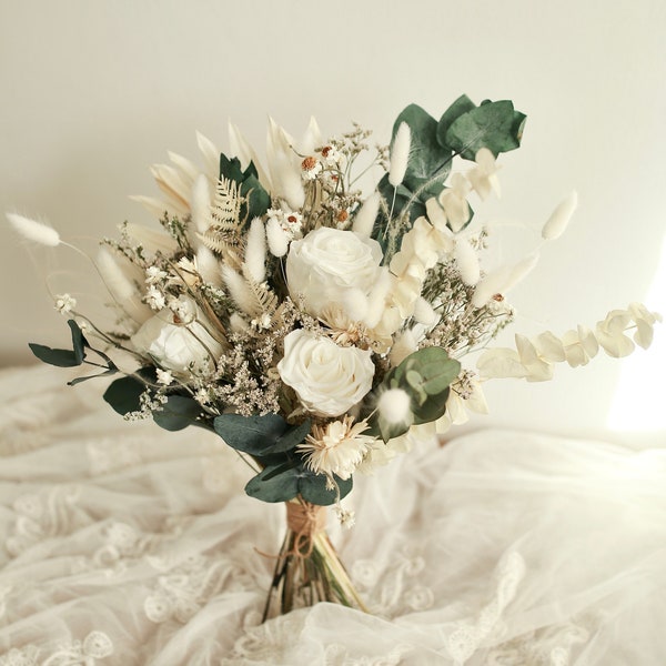 Bouquet de mariée rose blanc préservé / bouquet de demoiselle d'honneur ivoire et vert / fleurs de mariage bohème / fleurs séchées / fleur de mariage rustique