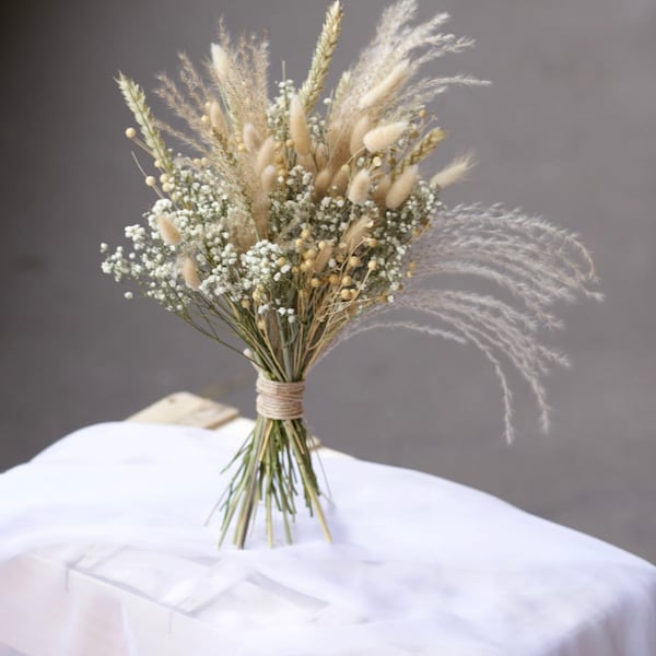 Dried Gypsophila Bride Bouquet/ Meadow Boho Wedding/Pampas Grass Natural Wheat Bunny Tail Bouquet/ Bridesmaids Gift/ Wedding Dried Flower