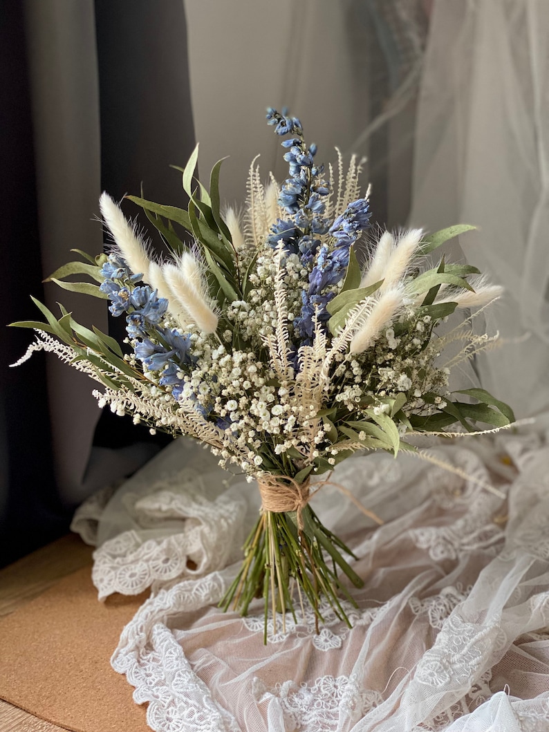 Dried Gypsophila Bouquet/Baby's Breath and Eucalyptus bouquet/Dried Wedding Flowers/Blue/Lavender/ Bunny Tails Bridesmaid Bouquet image 2