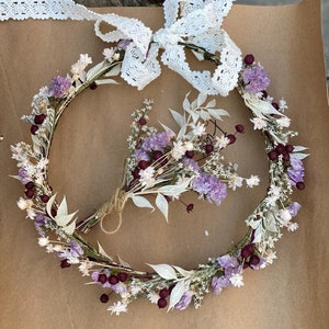 Corona floreale essiccata//Corona nuziale/Corona delle damigelle d&#39;onore/Servizio fotografico di maternità/Fiori viola/Accessori per capelli