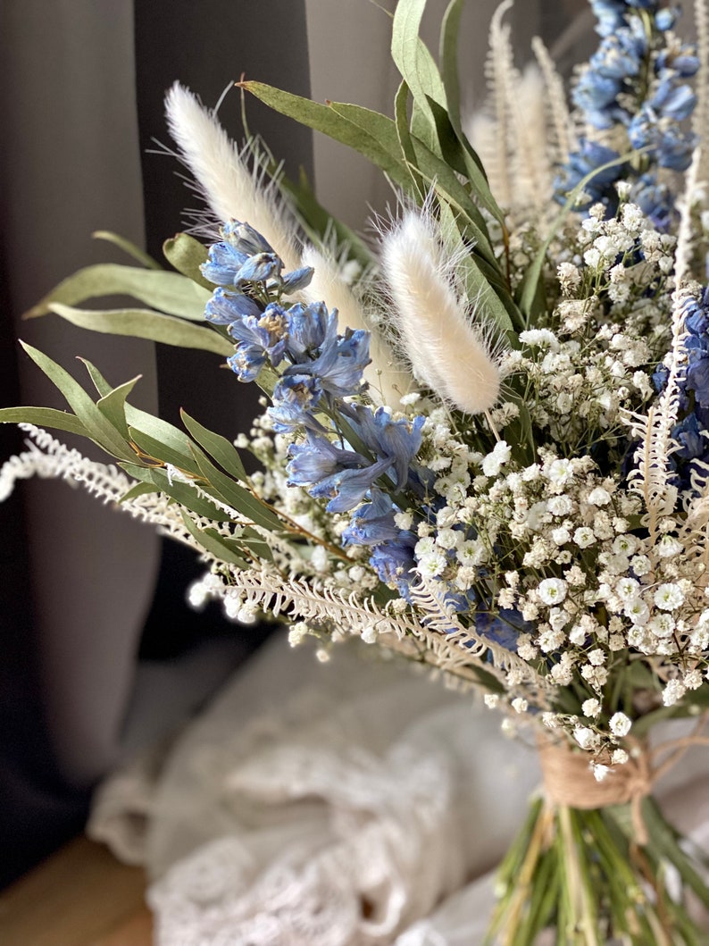 Dried Gypsophila Bouquet/Baby's Breath and Eucalyptus bouquet/Dried Wedding Flowers/Blue/Lavender/ Bunny Tails Bridesmaid Bouquet image 3