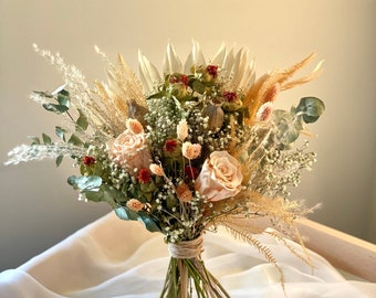 Fall Winter Wildflowers/ Gypsophila/Eucalyptus/ Burn Orange Bridal Bouquet /Blue Bunny Tail Bridesmaids Gift/ Wedding Flower