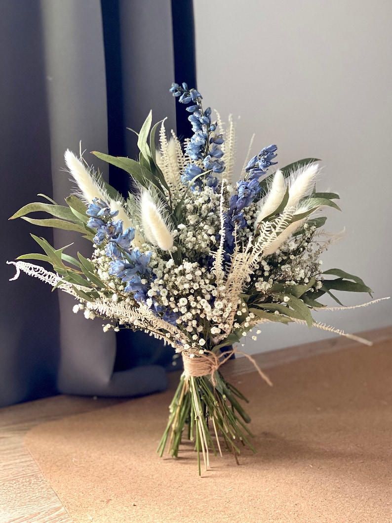 Dried Gypsophila Bouquet/Baby's Breath and Eucalyptus bouquet/Dried Wedding Flowers/Blue/Lavender/ Bunny Tails Bridesmaid Bouquet image 1