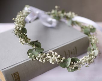 Getrockneter Eukalyptuskranz für Braut/Brautjungfern/Blumenmädchen/rustikale Hochzeitsblume/Schleierhaarkrone/Blumenkopfstücke