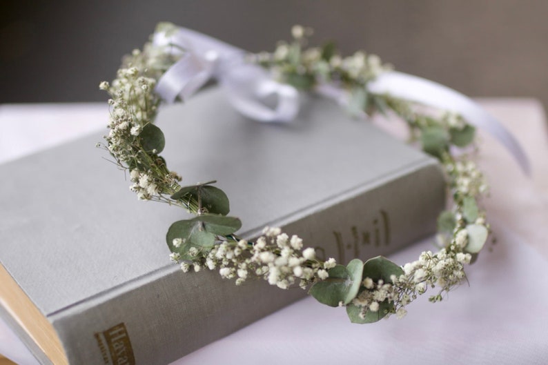 Dried Eucalyptus Wreath for Bride /Bridesmaids/ Flower Girls / Rustic Wedding Flower/ Babys Breath Hair Crown / Floral Head Pieces image 1