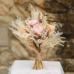 Preserved Pink Peony and Olive leaf Bridal Bouquet/  Pampas / Dried flowers/ Wedding flowers / Bridesmaids gift / Babies Breath