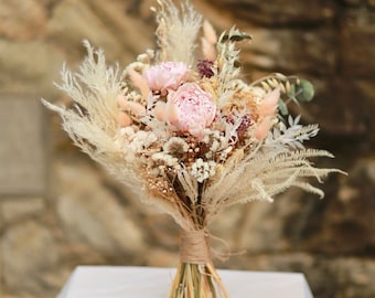 Preserved Pink Peony and Olive leaf Bridal Bouquet/  Pampas / Dried flowers/ Wedding flowers / Bridesmaids gift / Babies Breath