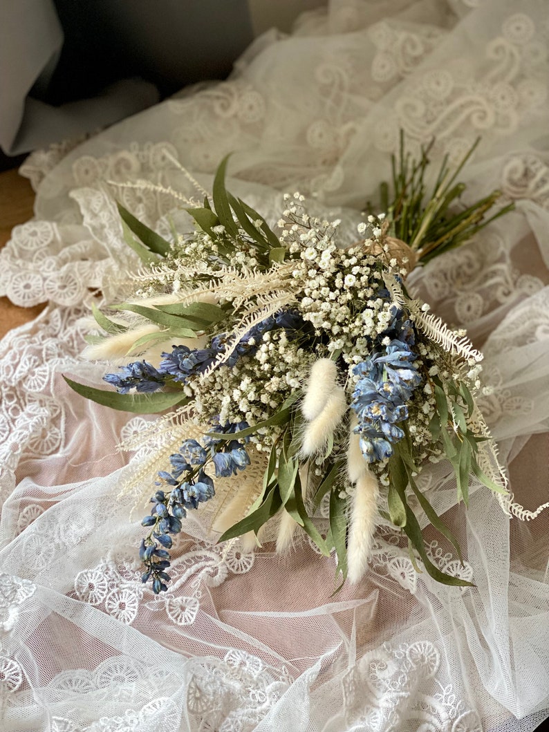 Dried Gypsophila Bouquet/Baby's Breath and Eucalyptus bouquet/Dried Wedding Flowers/Blue/Lavender/ Bunny Tails Bridesmaid Bouquet image 4